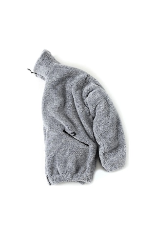 Gri Peluş Dik Yaka Cepleri Fermuarlı Oversize Peluş Ceket Gri Melanj