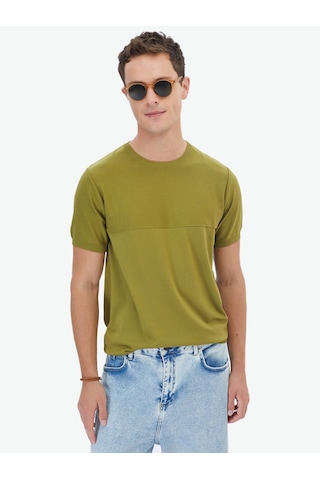 Kip Yağ Yeşili Bisiklet Yaka Ters Örgü Triko Çok Renkli