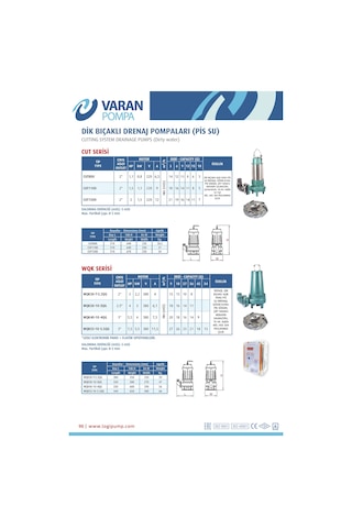 Varan Cut 800 Parçalayıcı Bıçaklı Koruma Panolu Foseptik Dalgıç Pompa 1,1 Hp / 0,82 Kw, Monofaze 220 V