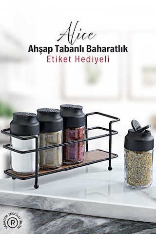 Ahşap Tabanlı Metal Standlı 4 Lü Cam Baharatlık Seti