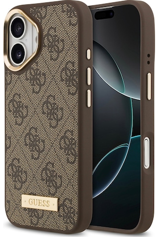 Apple Uyumlu iPhone 17 Kılıf Guess Lisanslı M-safeli 4g Desenli Pu Metal Plaka Klasik Logolu Kahverengi Kahverengi