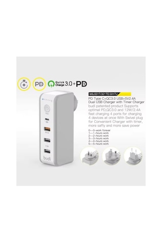 30w Pd + Qc3.0 Zaman Ayarlı Usb Çıkışlı Priz 180 Döndürülebilir Fişli -
