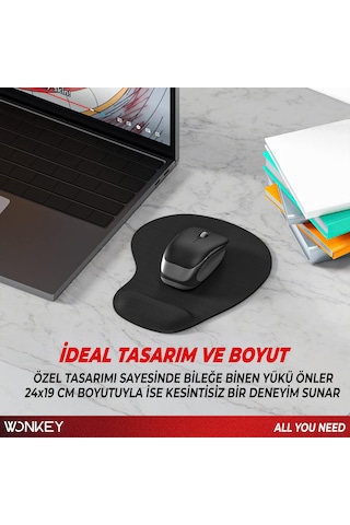 Wonkey - Bilek Destekli Mouse Pad, Memory Foam Hafızalı Süngerli Ergonomik Fare Altlığı, Kaymaz Tabanlı Mousepad, Ofis, Bilgisayar Ve Laptop Kullanımına Uygun Masa Pedi Siyah