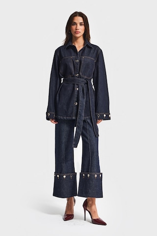 Kadın İndigo Renk 7w5-50 Kemer Detaylı %100 Koton Denim Trençkot