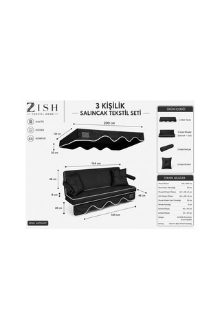 Zishtekstil Keten Kumaş Süngerli Gölgelikli 3 Kişilik Salıncak Minderi 8 Cm Antrasit