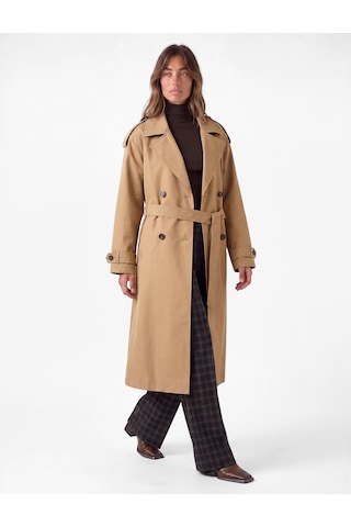 Koton Uzun Kollu Kemerli Çift Cepli Oversize Gabardin Kruvaze Trençkot Bej 7wak00236ew Ekru
