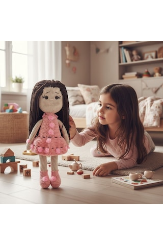 Tığ İşi Sevimli Kız Bebek Amigurumi Örgü Oyuncak Krem - Pembe