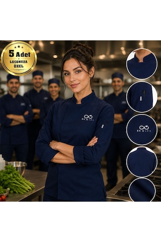 Logonuza Özel 5 Adet Lacivert Kadın Şef Ceketi - Gabardin Kumaş Profesyonel Aşçı Ceketi Xxl