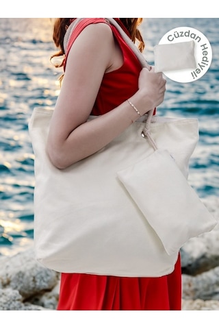 Cüzdan Hediyeli Kadın Plaj Çantası - Krem
