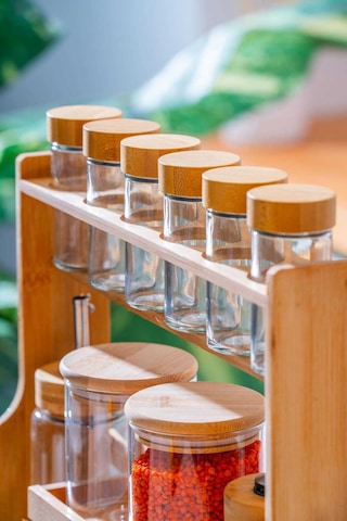 Malibu Bambu Standlı 12 Li Borosilikat Cam Baharatlık Seti Şeffaf
