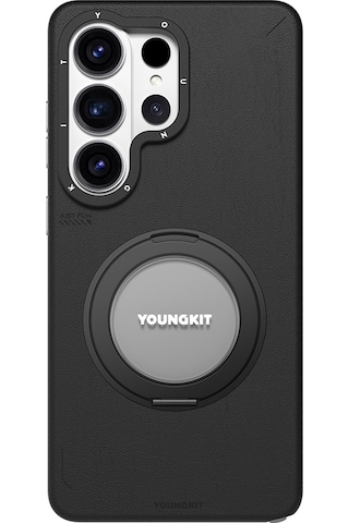 Galaxy S26 Ultra Kılıf M-safe Uyumlu 360 Standlı Mat Deri Desenli Youngkit Tech Leather Kapak Siyah Siyah