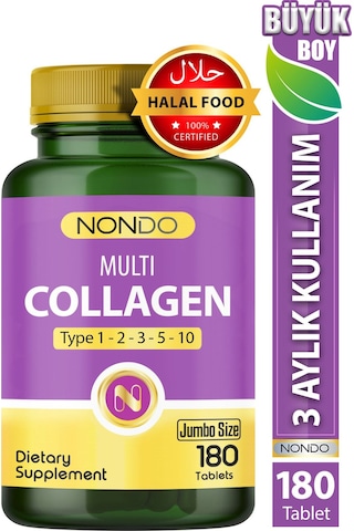 Nondo Multi Kolejen 180 Tablet jumbo Boy 5 Çeşit Kolajen Tip 1-2-3-5-10 Hyalüronik Asit Çinko