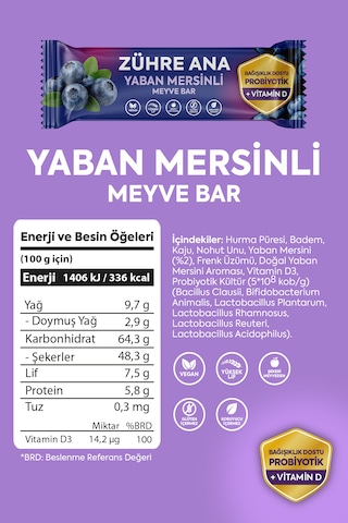 Probiyotik Ve Vitamin D İçeren Meyve Bar, Şeker İlavesiz Yaban Mersinli 35 Gr X 12 Adet