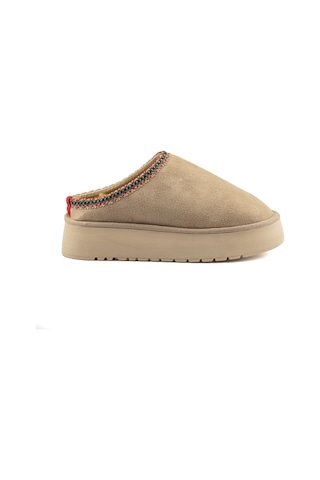 Perth Asimetrik Ağızlı Kadın Nakış Detaylı Kürk Slipper Bej