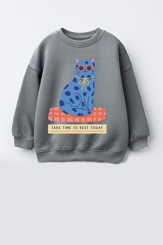 Monila Kız Çocuk 3 İplik Kumaş Pamuklu Mavi Kedi Baskılı Sweatshirt Antrasit