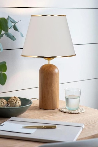 Silos Masif Ahşap Ayaklı Gold Detaylı Krem Kumaş Şapkalı Dekoratif Abajur Krem - Gold