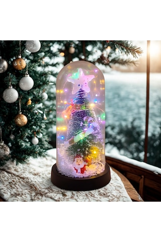 Yılbaşı Temalı Işıklı Cam Fanus Noel Ağacı Dekoru 21x11 Cm 01