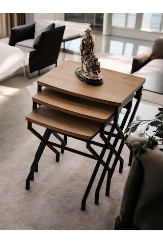 3 Lü Zigon Sehpa Metal Ayaklı Çam Ahşap Kare Misafir Sehpası