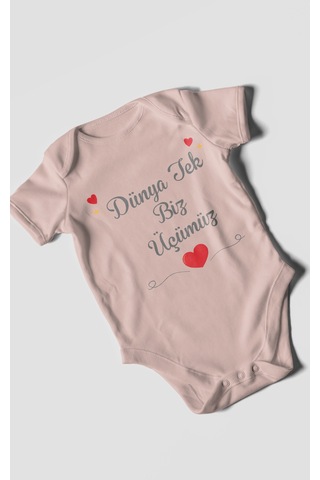 Morivokids Dünya Tek Biz Üçümüz Kısa Kollu Bebek Body %100 Pamuk Pastel Pembe