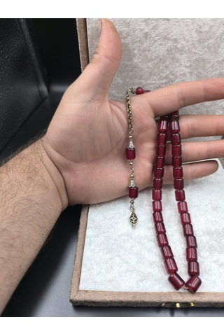 Osmanlı Benzetme Sıkma Kehribar Tesbih Bordo, 10x9 Mm Gümüş