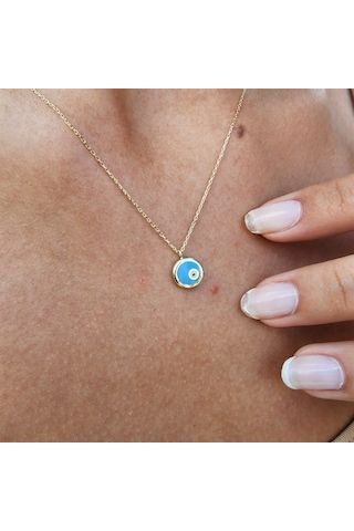 Ala Turkuaz Firuze Mineli Nazar Boncuğu Göz Tasarım Taşsız Modern Hediye Tarz 14 Ayar Altın Kolye