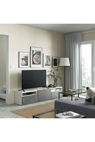Tv Sehpası, Beyaz-koyu Gri, 180x42x39 Cm, Kallvıken, Çıt Çıt Raylı Gri