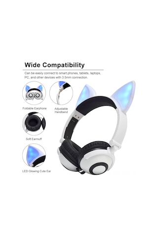 Youmex Kulaküstü Kulaklık, Tilki Kulakları Desenli, Işıklı Fonksiyonlu, 3.5mm Bağlantı, Ayarlanabilir Ve Katlanabilir, Pu+plastik Malzeme, Cep Telefonu/tablet/notebook Uyumlu, Lx-x109 Modeli