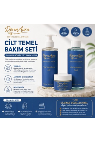 Dermaura Premium Temel Cilt Bakım Seti Niacinamide Yüz Temizleme Jeli + Cilt Sıkılaştırıcı Tonik + Nemlendirici Yüz Kremi