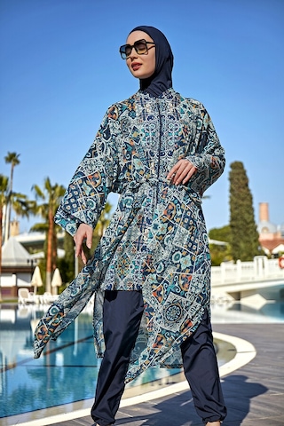 Remsa Mayo Remsa Tesettür Mayo Üzerine Tek Kaftan Kimono Pareo Rp011 İznik Lacivert