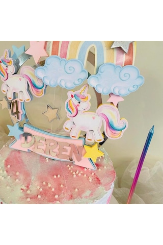 Unicorn Gökkuşağı Temalı Kız Çocuk Doğum Günü Pasta Süsü