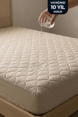 Yatak Alezi Pamuklu Kapitone Fitted Full Kenar Sıvı Geçirmez Yatak Koruyucu Bej