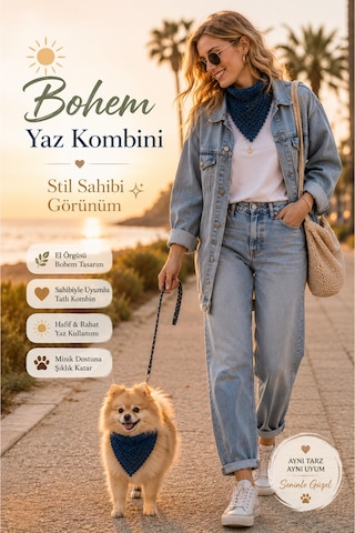 Kadın Ve Köpek Kombin Bandana El Örgüsü Bohem Stil Uyumlu Anne Köpek Bandanası Ayarlanabilir Tasarım Lacivert