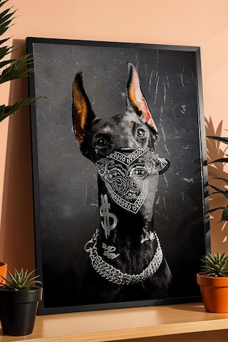 Bad Dog Çerçeveli Tablo Bandanalı Gangster Doberman Köpek Hip-hop Hayranlarına Hediye Modifiye Sanat