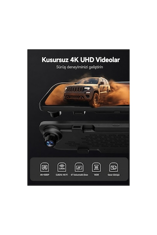 12" G840s 4k Ayna Dashcam, Ön & Arka Kamera, 5,8 Ghz Wifi, Ips Dokunmatik Ekran