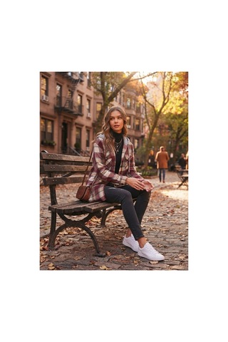 Polologin Butik Kapüşonlu Ekose Desenli Viskon Tunik Bordo