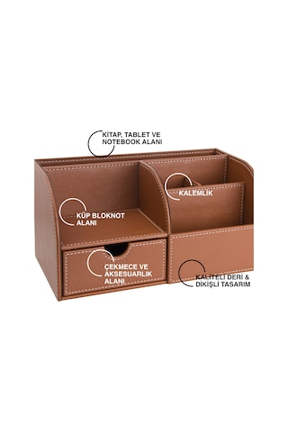 Masaüstü Düzenleyici,kalemlik,kumandalık,küpbloknotluk,tabletlik,kitaplık,6 Gözlü,çekmeceli,desktop Organizer,vegan,24,5 13 12 Taba