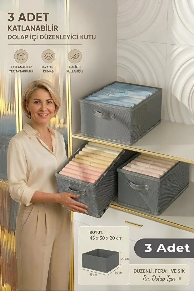 3 Adet Katlanabilir Dolap İçi Düzenleyici Kutu 45x30x20 Cm Kıyafet Ve Giysi Organizer Saklama Kutusu Açık gri