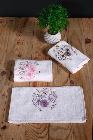 30x50 Cm Kadife Güpür Çiçekli 3lü Mutfak Havlusu El Havlusu Yüz Havlusu Seti Beyaz