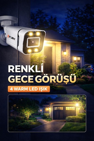 Fury 4 Ultra Warm Led Gece Renkli Görüntü Güvenlik Kamerası Dış Mekan Su Geçirmez