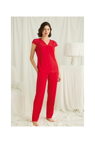Aria's Closet Arias Closet Yakası Kolu Ve Omzu Dantelli Önü Düğmeli Pijama Takımı Kırmızı