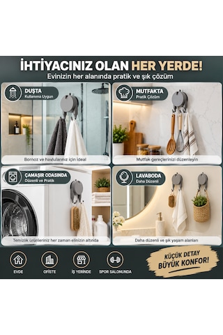 Vakumlu Havlu Bornoz Askısı 9 Kg Çift Kancalı Delmeden Montaj Banyo Mutfak Duvar Askısı Gri