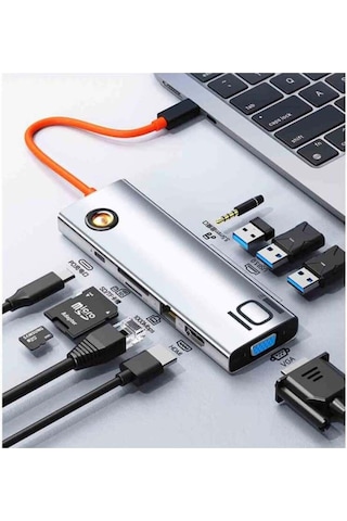 Tr30 10 In 1 Type-c To Hdmı Vga Audio Usb3.0x3 Sd/tf Lan Pd Çok Fonksiyonlu Dönüştürücü