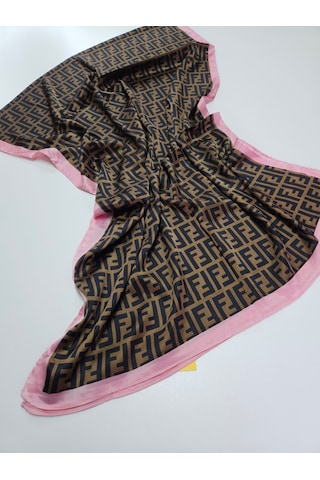 Miorel Scarfs F Desen İthal Vual İpek Şal Aksesuar Fular Silk Scarfs Shawl Hijab Kahve - Pembe Kenar