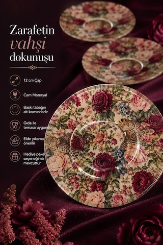 6 Lı Cam Çay Tabağı Gül Ve Leopar Desenli 12 Cm, 6 Adet Çay Tabak Kırmızı