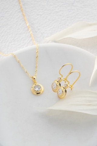 Nereze 925 Ayar Gümüş Burgu Zincirli Gold Tektaş Model Küpe ve Kolye Set