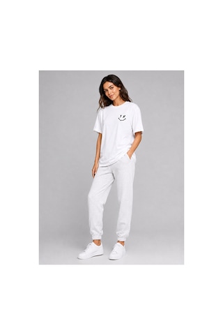 Nevermind Sevgili Kombini Smiley Baskılı Çift Tişört Oversize Unisex %100 P Beyaz