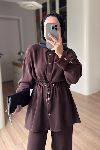 Ka Hijab Çıtçıt Detay Beli Büzgülü Takım - Kahverengi