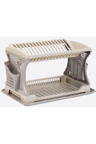 Flosoft İki Katlı Bulaşık Sepeti, Modüler Bulaşıklık Tabaklık, Bölmeli Tabak Kaşık Çatal Kurutmalık Kahverengi Bej