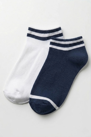 Cocole Socks Erkek Çocuk Patik Çorabı 2 Li Set Pamuklu Beyaz & Lacivert Çizgi Detaylı Çok Renkli
