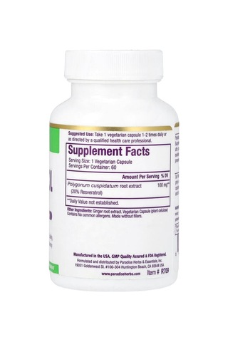 Paradise Herbs, Resveratrol Extract, 60 Vegetarian Capsules 100 Mg Per Capsule